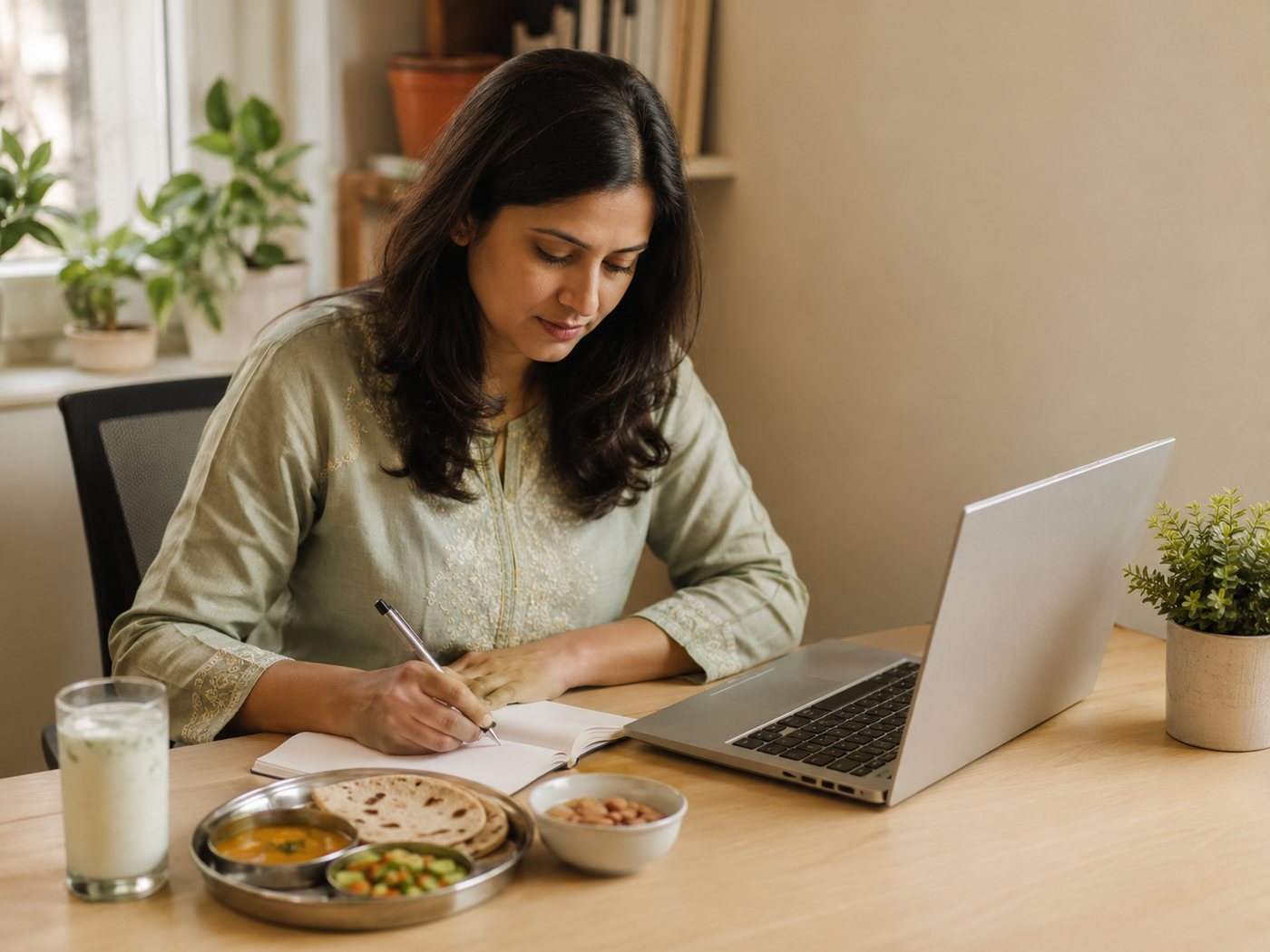 An Indian nutritionist writing a diet plan at her desk beside a steel thali of roti, dal and sabzi